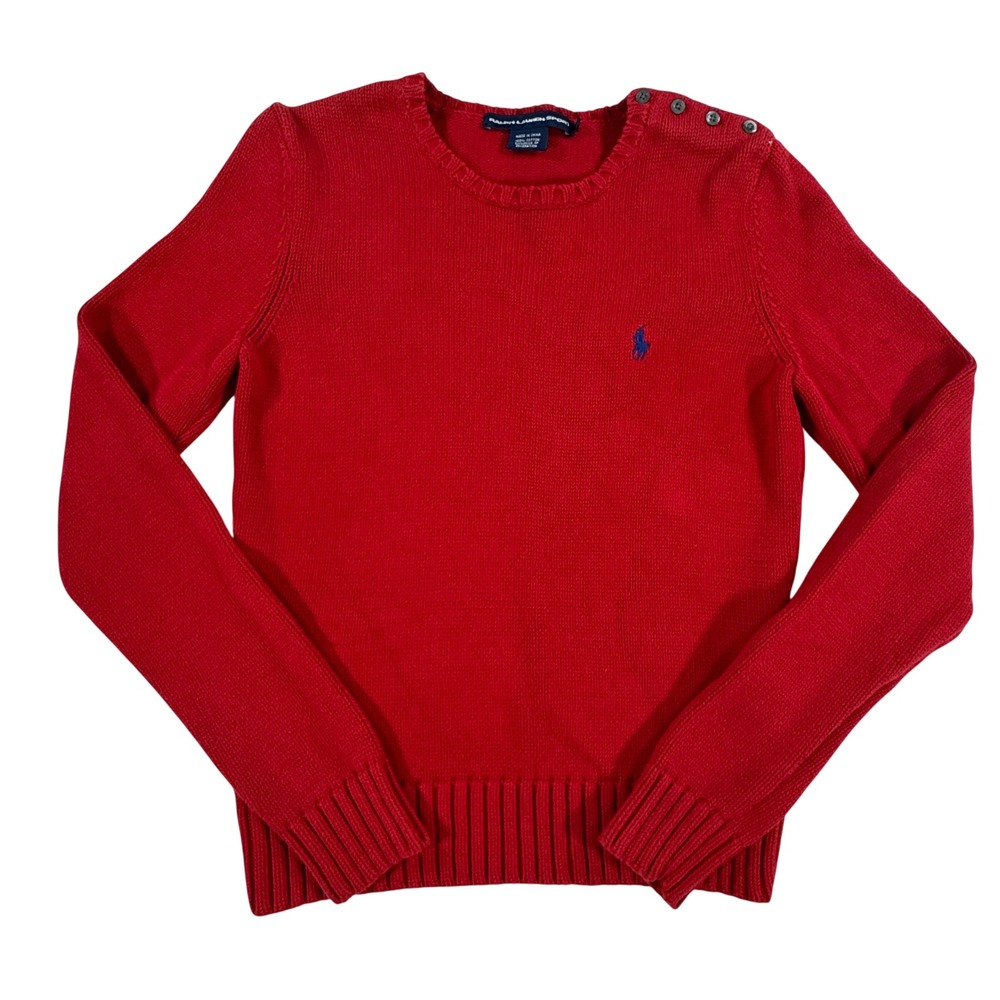 Ralph Lauren Sport Red Cotton Knit Button Shoulder Pony Logo Sweater Women's M